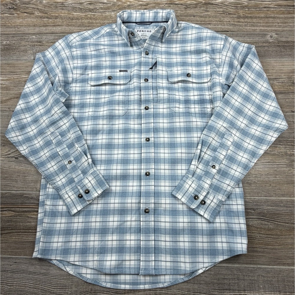 Poncho Flannel Shirt Men's S Blue White Plaid Magnetic Pockets Fishing Hiking
